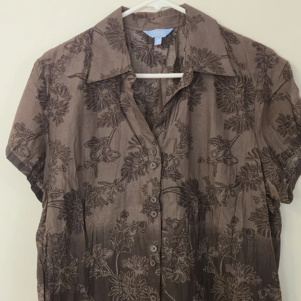 Denver Hayes XL Brown Ombre Floral Cotton Short Sleeve Blouse Tropical Boho - Picture 2 of 15
